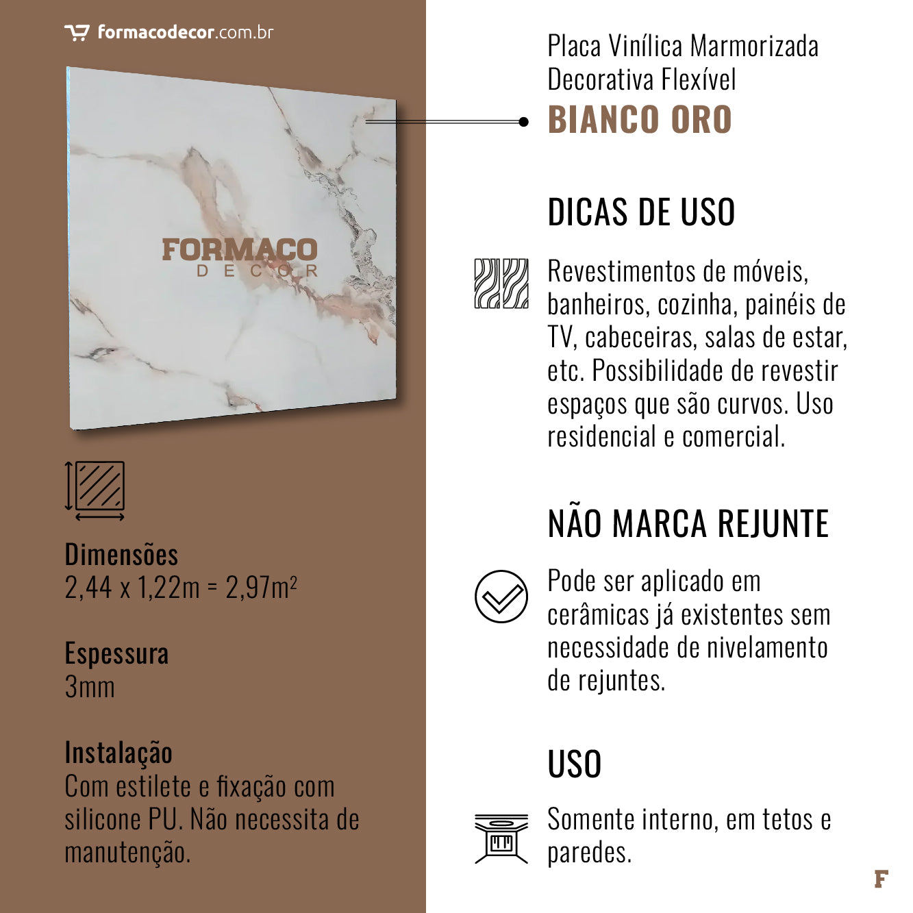 Revestimento Decorativo Premium | Placa Marmorizada Bianco Oro | 2,44m x 1,22m - 2,97m² de cobertura