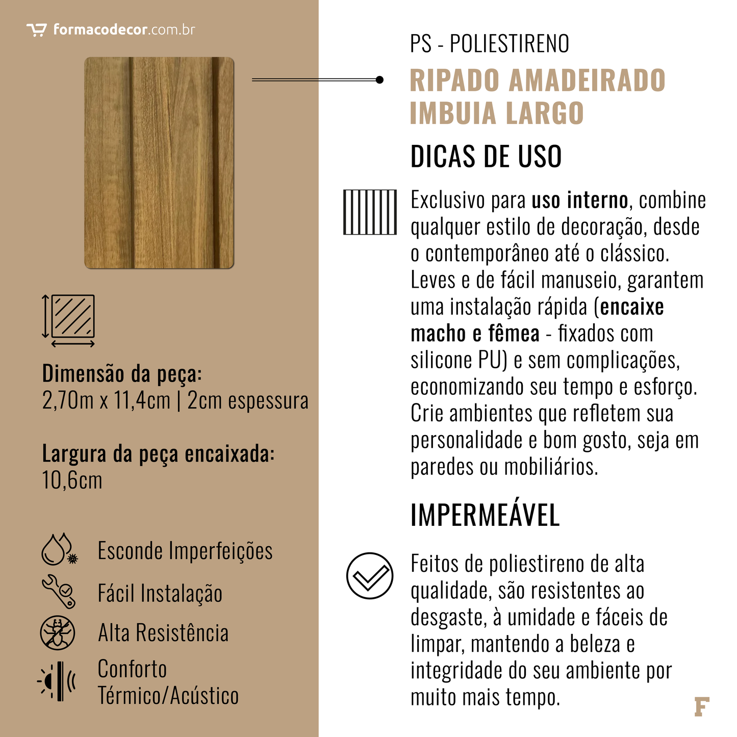 Ripado Interno Amadeirado de Poliestireno - Imbuia Largo | 2,70m x 11,4cm | 2cm espessura.