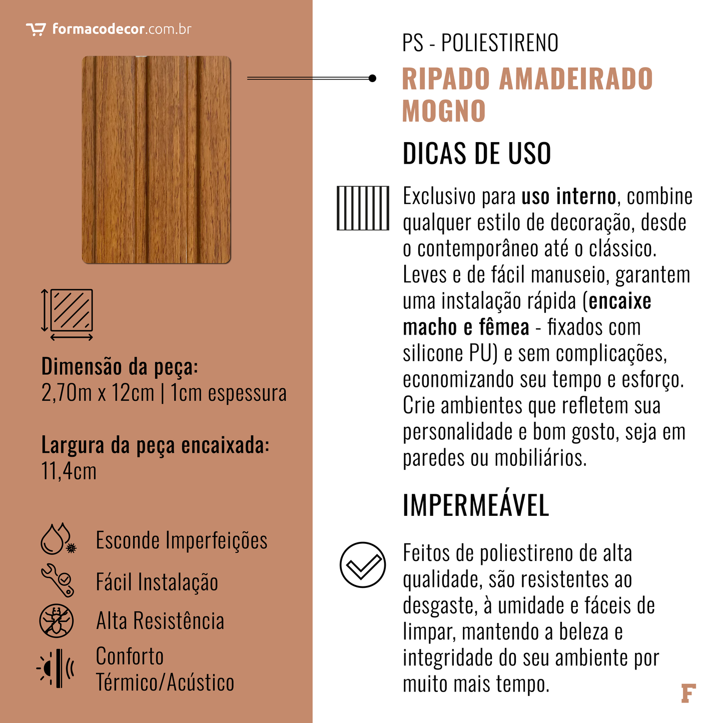 Ripado Interno Amadeirado de Poliestireno - Mogno | 2,70m x 12cm | 1cm espessura.