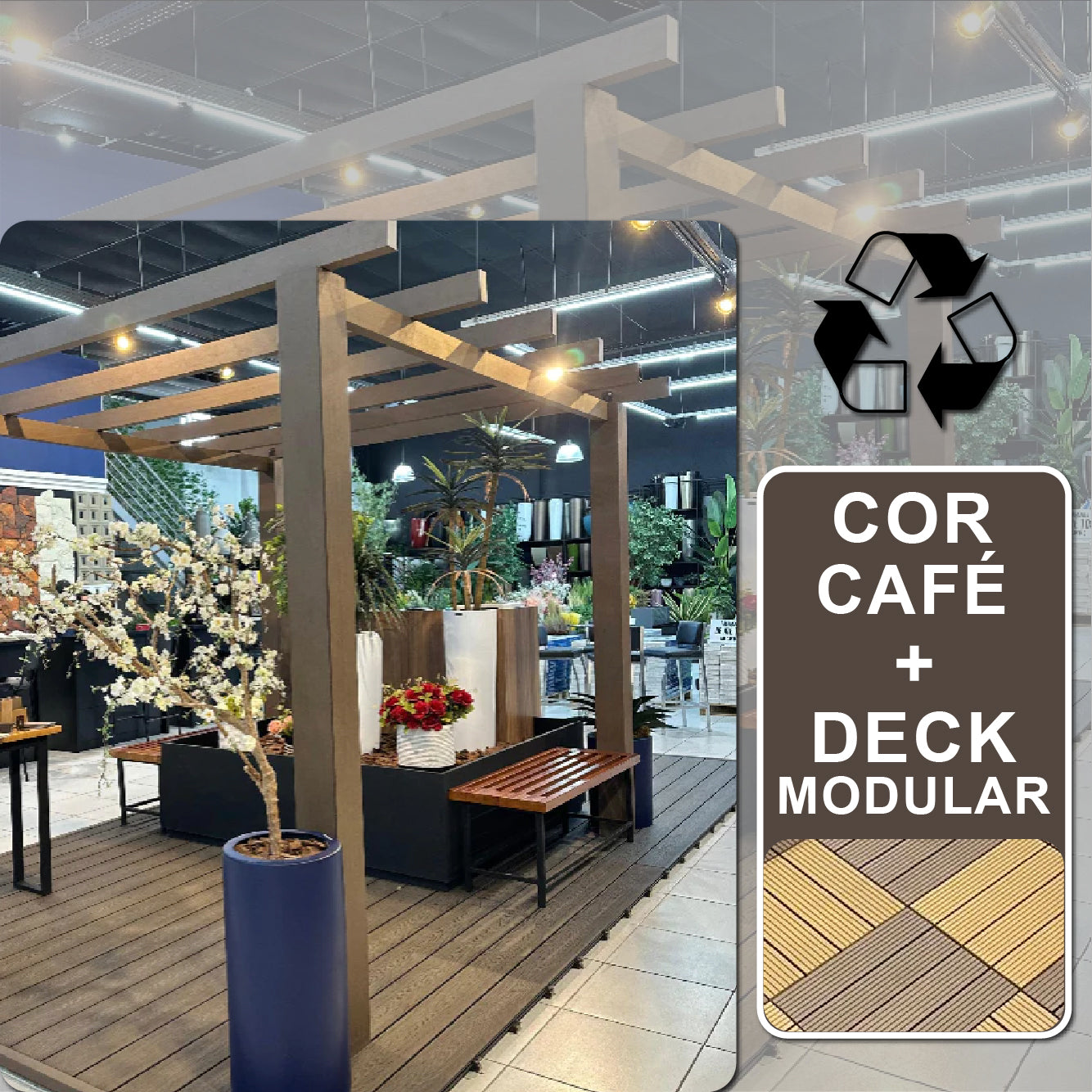 Pergolado com deck modular - Café | 3m x 2,90m, Madeira Ecológica.