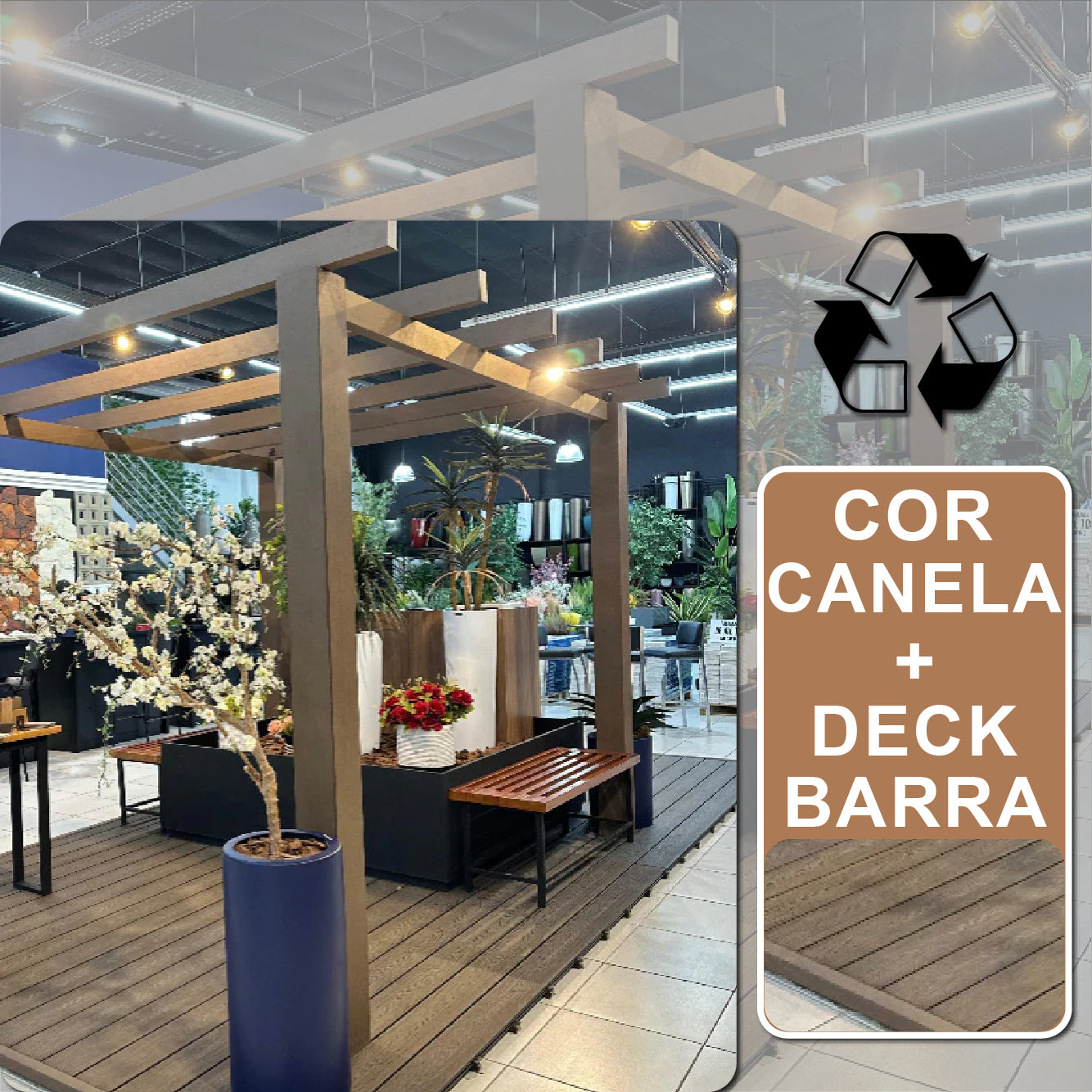 Pergolado com deck em barra - Canela | 3m x 2,90m, Madeira Ecológica.