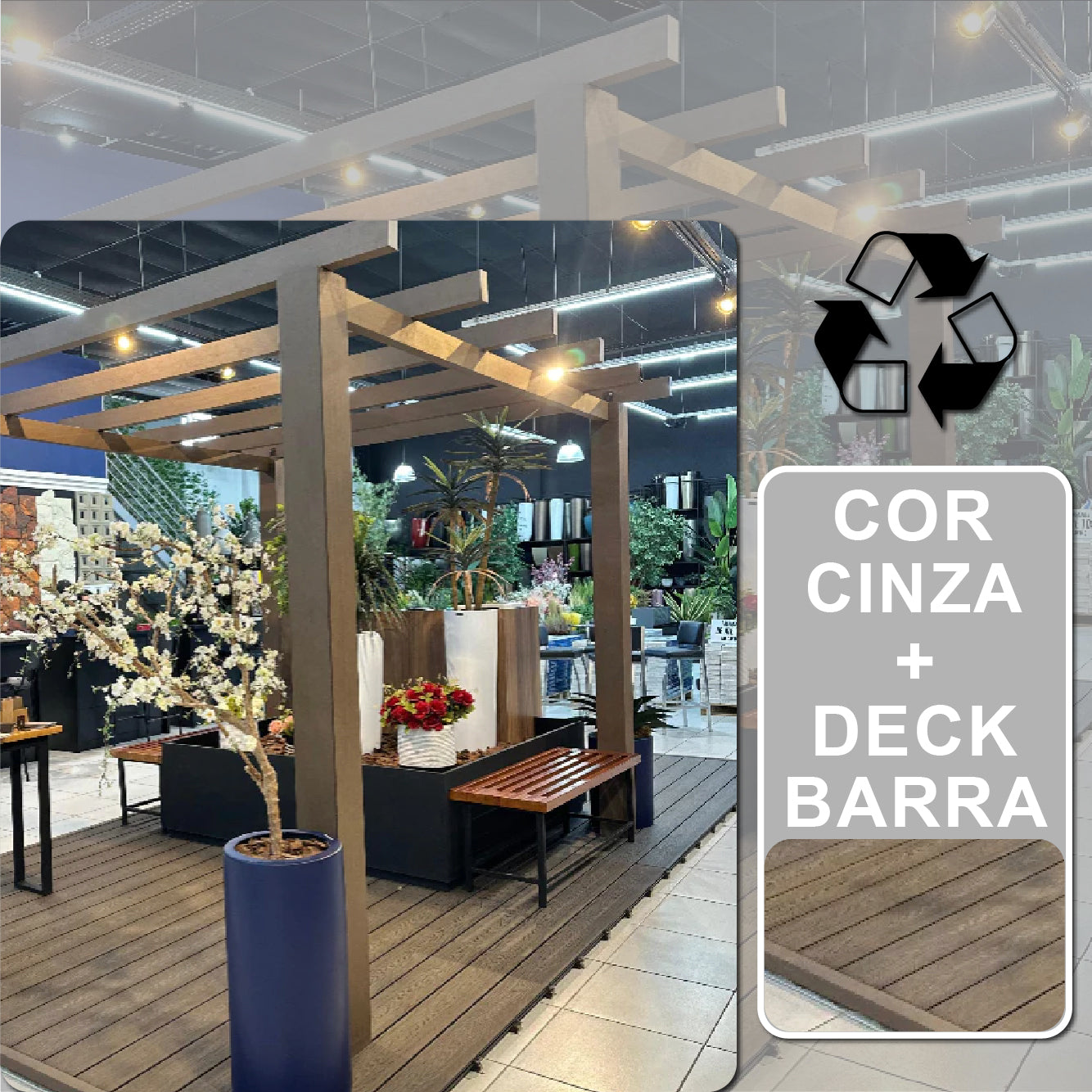 Pergolado com deck em barra - Cinza | 3m x 2,90m, Madeira Ecológica.