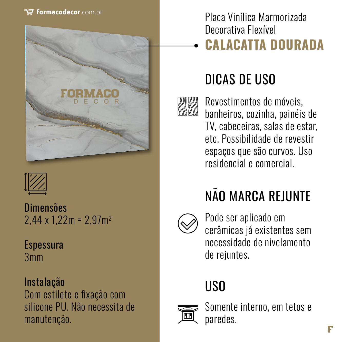 Revestimento Decorativo Premium | Placa Vinílica Flexível Marmorizada Calacatta Dourada | 2,44m x 1,22m - 2,97m² de Cobertura