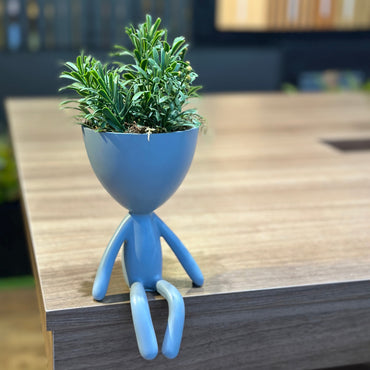 Vaso Mini Cinza Decorativo Boneco Sentado com Folhagem Permanente