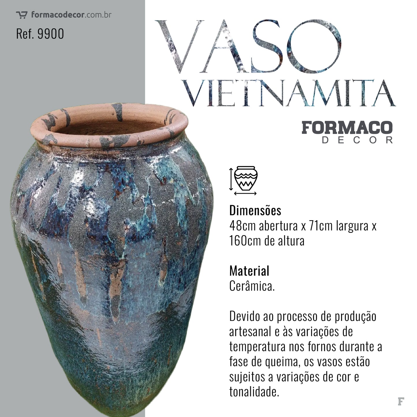 Vaso Vietnamita Grande Azul Marinho | 48cm abertura x 71cm largura x 160cm de altura | ref. 9900