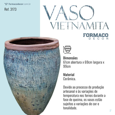 Vaso Vietnamita Grande Areia Marrom Azul | 61cm abertura x 69cm largura x 99cm de altura | ref. 3173