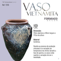 Vaso Vietnamita Grande Marrom Azul Areia | 44cm abertura x 68cm largura x 117cm de altura | ref. 7235