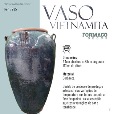 Vaso Vietnamita Grande Verde Azul Marinho | 44cm abertura x 68cm largura x 117cm de altura | ref. 7235